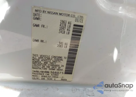 2021 Nissan Altima S Fwd z USA, uszkodzony, nr VIN 1N4BL4BV8MN366075